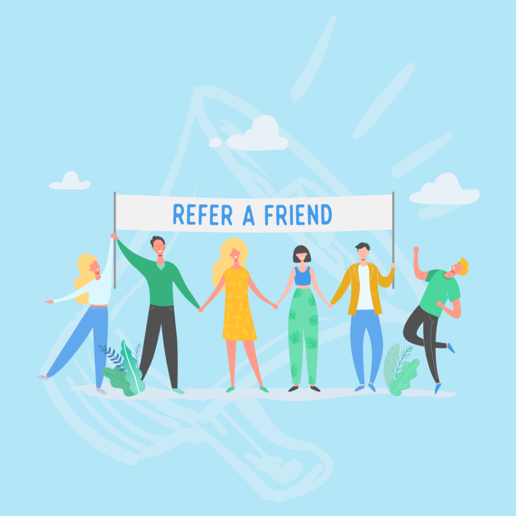 people holding hands under a banner that says refer a friend