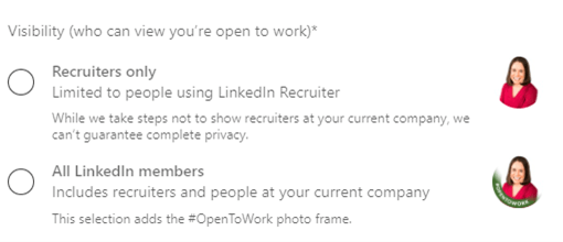 screenshot of open to work options on LinkedIn