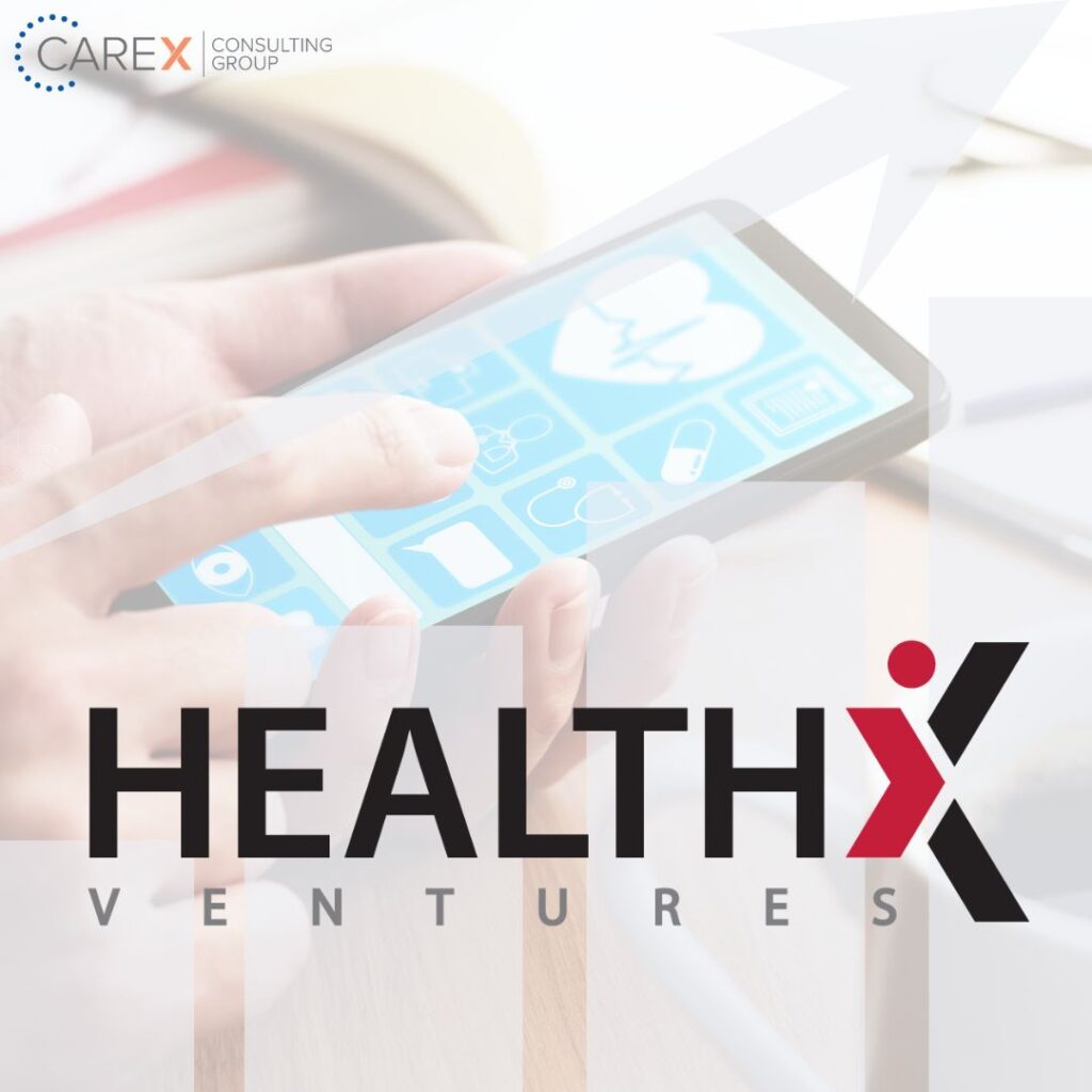 HealthX Ventures logo over graphic of person using phone with health-related symbols on the screen