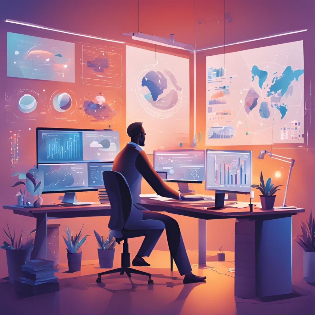 AI-generated photo featuring a person working at a desk with lots of screens surrounding them